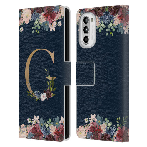 Nature Magick Floral Monogram Gold Navy Letter G Leather Book Wallet Case Cover For Motorola Moto G52