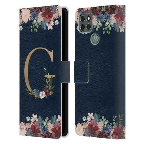 Nature Magick Floral Monogram Gold Navy Letter G Leather Book Wallet Case Cover For Motorola Moto G9 Power