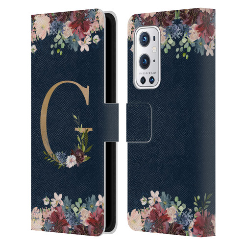 Nature Magick Floral Monogram Gold Navy Letter G Leather Book Wallet Case Cover For OnePlus 9 Pro