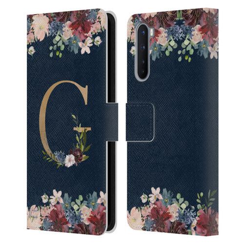 Nature Magick Floral Monogram Gold Navy Letter G Leather Book Wallet Case Cover For OnePlus Nord 5G