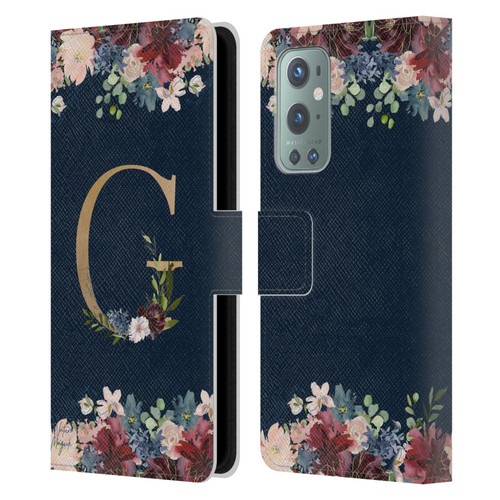 Nature Magick Floral Monogram Gold Navy Letter G Leather Book Wallet Case Cover For OnePlus 9