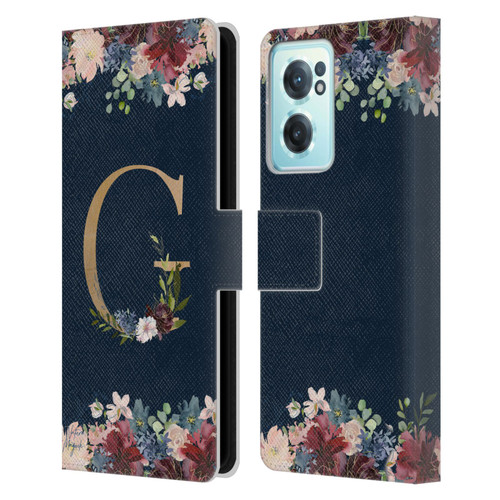 Nature Magick Floral Monogram Gold Navy Letter G Leather Book Wallet Case Cover For OnePlus Nord CE 2 5G