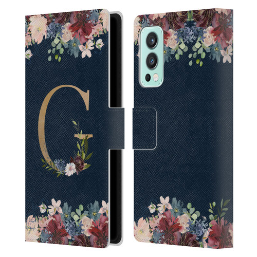 Nature Magick Floral Monogram Gold Navy Letter G Leather Book Wallet Case Cover For OnePlus Nord 2 5G