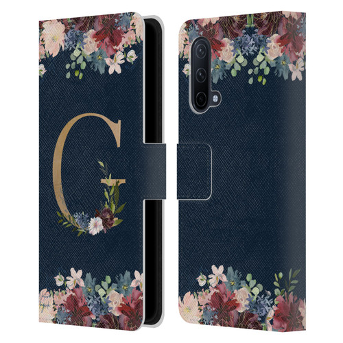 Nature Magick Floral Monogram Gold Navy Letter G Leather Book Wallet Case Cover For OnePlus Nord CE 5G