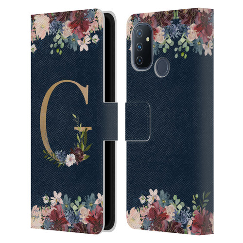 Nature Magick Floral Monogram Gold Navy Letter G Leather Book Wallet Case Cover For OnePlus Nord N100