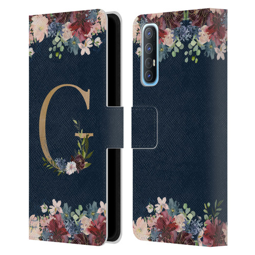 Nature Magick Floral Monogram Gold Navy Letter G Leather Book Wallet Case Cover For OPPO Find X2 Neo 5G