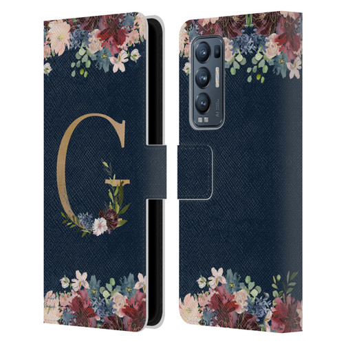 Nature Magick Floral Monogram Gold Navy Letter G Leather Book Wallet Case Cover For OPPO Find X3 Neo / Reno5 Pro+ 5G