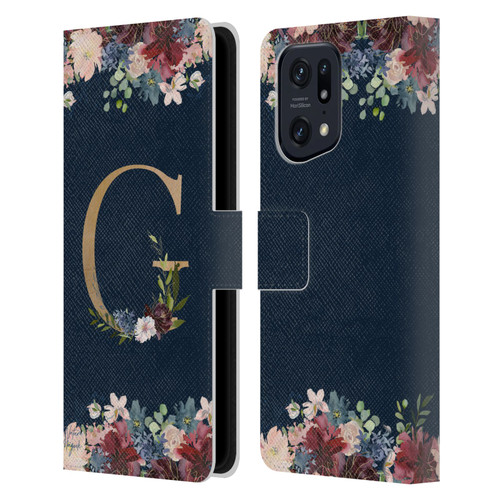 Nature Magick Floral Monogram Gold Navy Letter G Leather Book Wallet Case Cover For OPPO Find X5 Pro