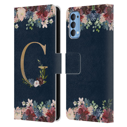 Nature Magick Floral Monogram Gold Navy Letter G Leather Book Wallet Case Cover For OPPO Reno 4 5G