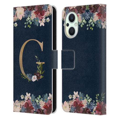 Nature Magick Floral Monogram Gold Navy Letter G Leather Book Wallet Case Cover For OPPO Reno8 Lite