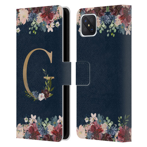 Nature Magick Floral Monogram Gold Navy Letter G Leather Book Wallet Case Cover For OPPO Reno4 Z 5G