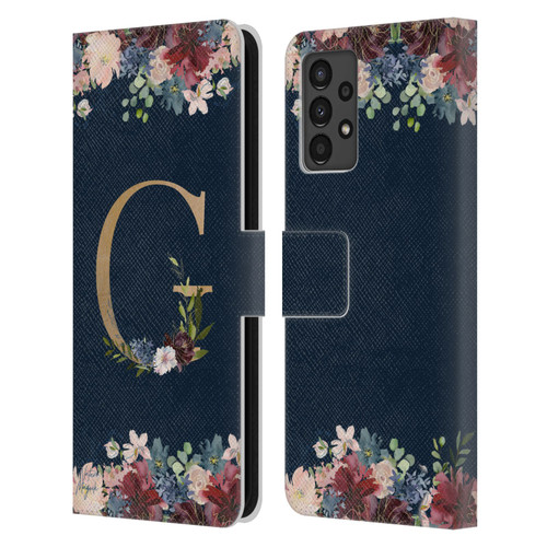 Nature Magick Floral Monogram Gold Navy Letter G Leather Book Wallet Case Cover For Samsung Galaxy A13 (2022)