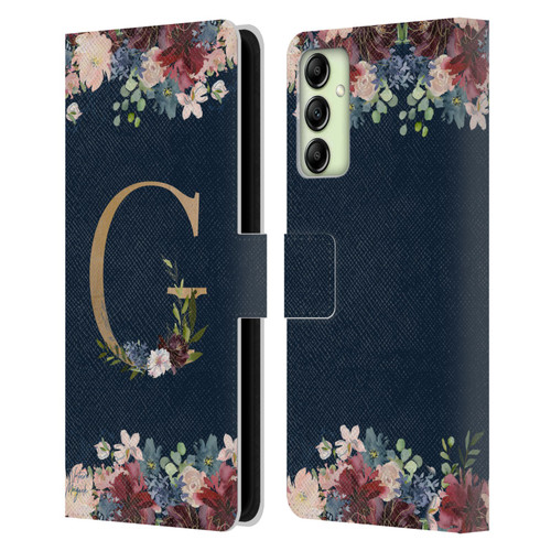 Nature Magick Floral Monogram Gold Navy Letter G Leather Book Wallet Case Cover For Samsung Galaxy A14 5G