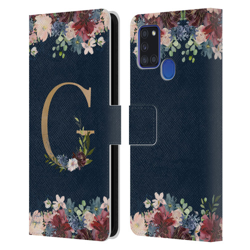 Nature Magick Floral Monogram Gold Navy Letter G Leather Book Wallet Case Cover For Samsung Galaxy A21s (2020)