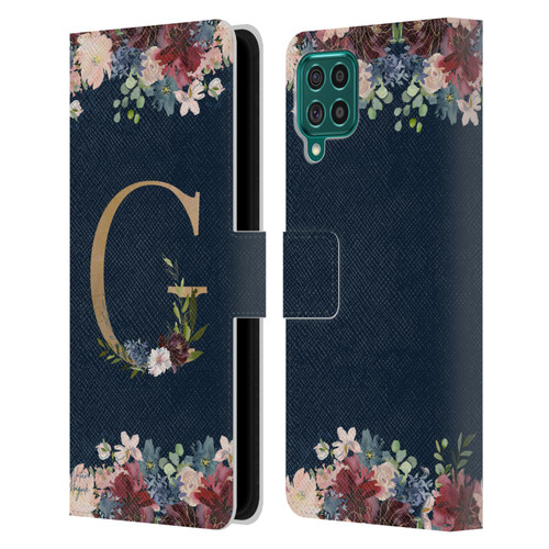 Nature Magick Floral Monogram Gold Navy Letter G Leather Book Wallet Case Cover For Samsung Galaxy F62 (2021)