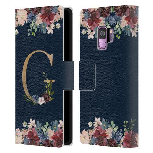 Nature Magick Floral Monogram Gold Navy Letter G Leather Book Wallet Case Cover For Samsung Galaxy S9