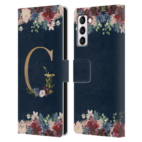 Nature Magick Floral Monogram Gold Navy Letter G Leather Book Wallet Case Cover For Samsung Galaxy S21+ 5G