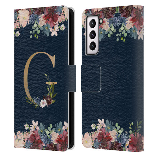 Nature Magick Floral Monogram Gold Navy Letter G Leather Book Wallet Case Cover For Samsung Galaxy S21 5G