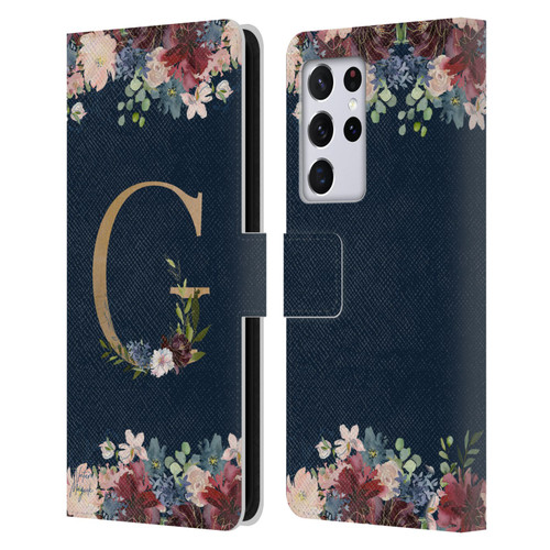 Nature Magick Floral Monogram Gold Navy Letter G Leather Book Wallet Case Cover For Samsung Galaxy S21 Ultra 5G