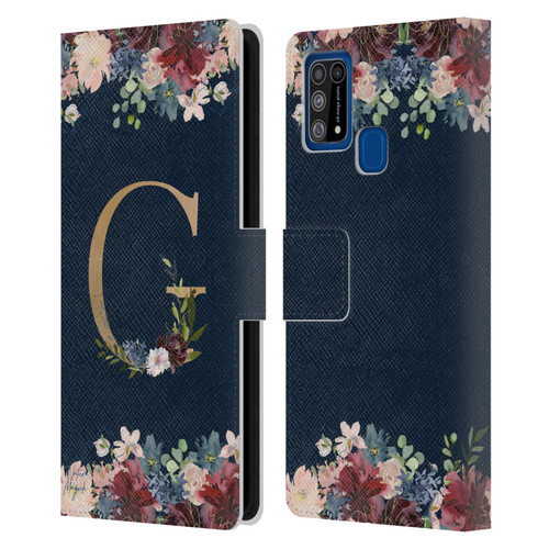 Nature Magick Floral Monogram Gold Navy Letter G Leather Book Wallet Case Cover For Samsung Galaxy M31 (2020)