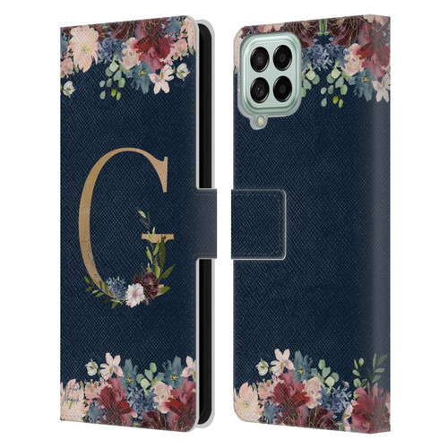 Nature Magick Floral Monogram Gold Navy Letter G Leather Book Wallet Case Cover For Samsung Galaxy M33 (2022)