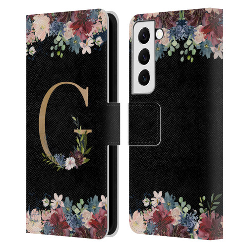 Nature Magick Floral Monogram Gold Navy Letter G Leather Book Wallet Case Cover For Samsung Galaxy S22 5G