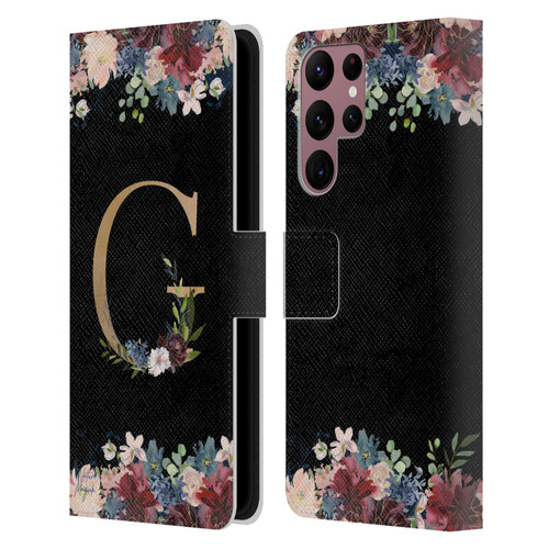 Nature Magick Floral Monogram Gold Navy Letter G Leather Book Wallet Case Cover For Samsung Galaxy S22 Ultra 5G