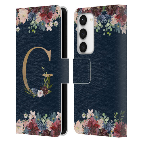 Nature Magick Floral Monogram Gold Navy Letter G Leather Book Wallet Case Cover For Samsung Galaxy S23 5G