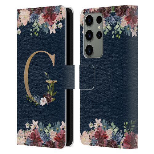 Nature Magick Floral Monogram Gold Navy Letter G Leather Book Wallet Case Cover For Samsung Galaxy S23 Ultra 5G
