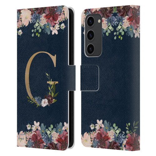 Nature Magick Floral Monogram Gold Navy Letter G Leather Book Wallet Case Cover For Samsung Galaxy S23+ 5G