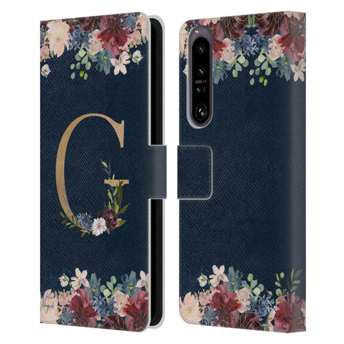 Nature Magick Floral Monogram Gold Navy Letter G Leather Book Wallet Case Cover For Sony Xperia 1 IV