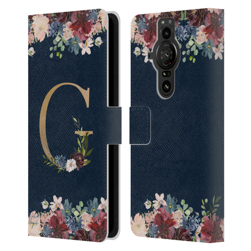 Nature Magick Floral Monogram Gold Navy Letter G Leather Book Wallet Case Cover For Sony Xperia Pro-I