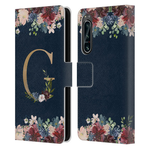 Nature Magick Floral Monogram Gold Navy Letter G Leather Book Wallet Case Cover For Sony Xperia 5 IV