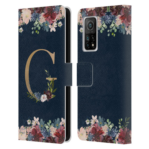 Nature Magick Floral Monogram Gold Navy Letter G Leather Book Wallet Case Cover For Xiaomi Mi 10T 5G