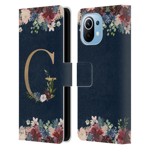 Nature Magick Floral Monogram Gold Navy Letter G Leather Book Wallet Case Cover For Xiaomi Mi 11