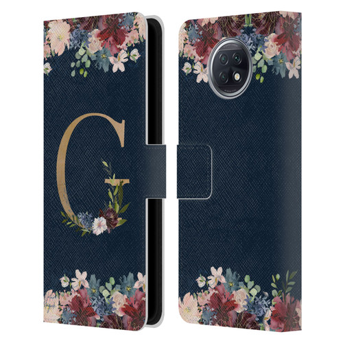 Nature Magick Floral Monogram Gold Navy Letter G Leather Book Wallet Case Cover For Xiaomi Redmi Note 9T 5G