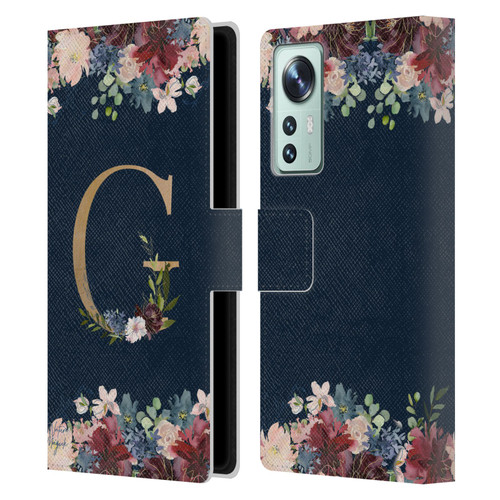 Nature Magick Floral Monogram Gold Navy Letter G Leather Book Wallet Case Cover For Xiaomi 12