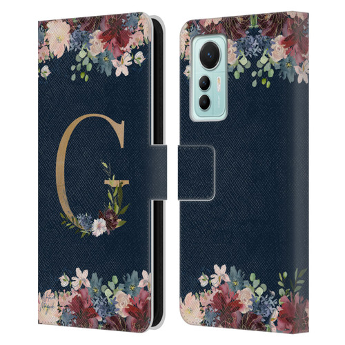 Nature Magick Floral Monogram Gold Navy Letter G Leather Book Wallet Case Cover For Xiaomi 12 Lite