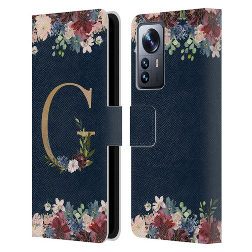 Nature Magick Floral Monogram Gold Navy Letter G Leather Book Wallet Case Cover For Xiaomi 12 Pro