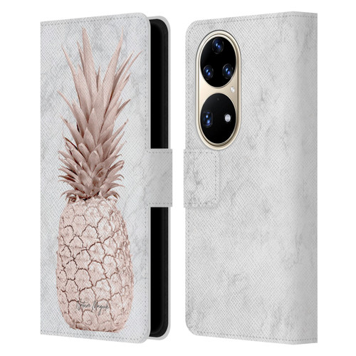 Nature Magick Rose Gold Pineapple On Marble Rose Gold Leather Book Wallet Case Cover For Huawei P50 Pro