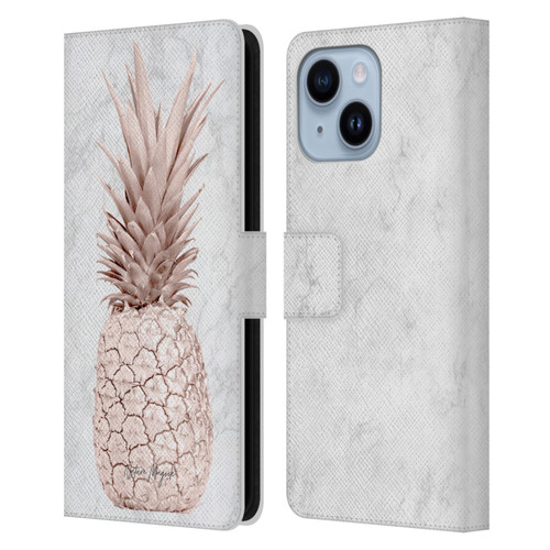 Nature Magick Rose Gold Pineapple On Marble Rose Gold Leather Book Wallet Case Cover For Apple iPhone 14 Plus