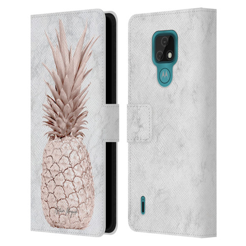 Nature Magick Rose Gold Pineapple On Marble Rose Gold Leather Book Wallet Case Cover For Motorola Moto E7
