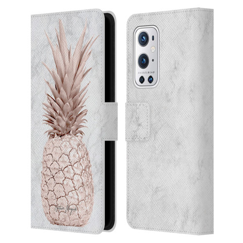 Nature Magick Rose Gold Pineapple On Marble Rose Gold Leather Book Wallet Case Cover For OnePlus 9 Pro