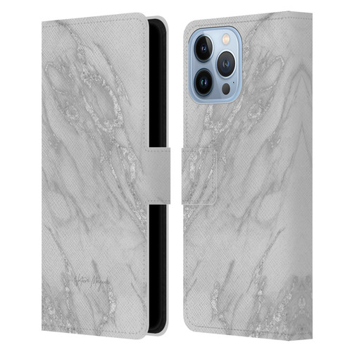 Nature Magick Marble Metallics Silver Leather Book Wallet Case Cover For Apple iPhone 13 Pro Max