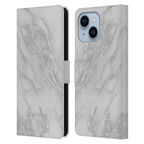 Nature Magick Marble Metallics Silver Leather Book Wallet Case Cover For Apple iPhone 14 Plus