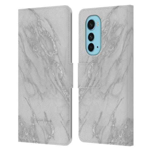 Nature Magick Marble Metallics Silver Leather Book Wallet Case Cover For Motorola Edge (2022)