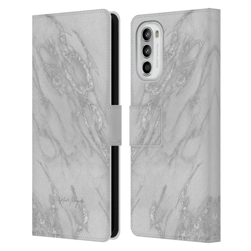 Nature Magick Marble Metallics Silver Leather Book Wallet Case Cover For Motorola Moto G52