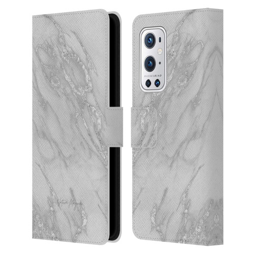 Nature Magick Marble Metallics Silver Leather Book Wallet Case Cover For OnePlus 9 Pro