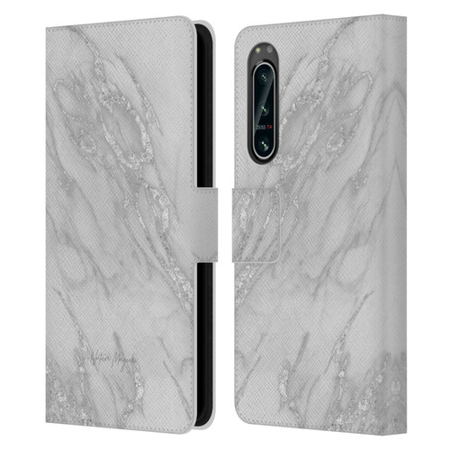 Nature Magick Marble Metallics Silver Leather Book Wallet Case Cover For Sony Xperia 5 IV