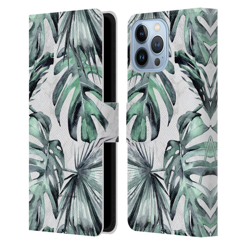 Nature Magick Tropical Palm Leaves On Marble Turquoise Green Island Leather Book Wallet Case Cover For Apple iPhone 13 Pro Max